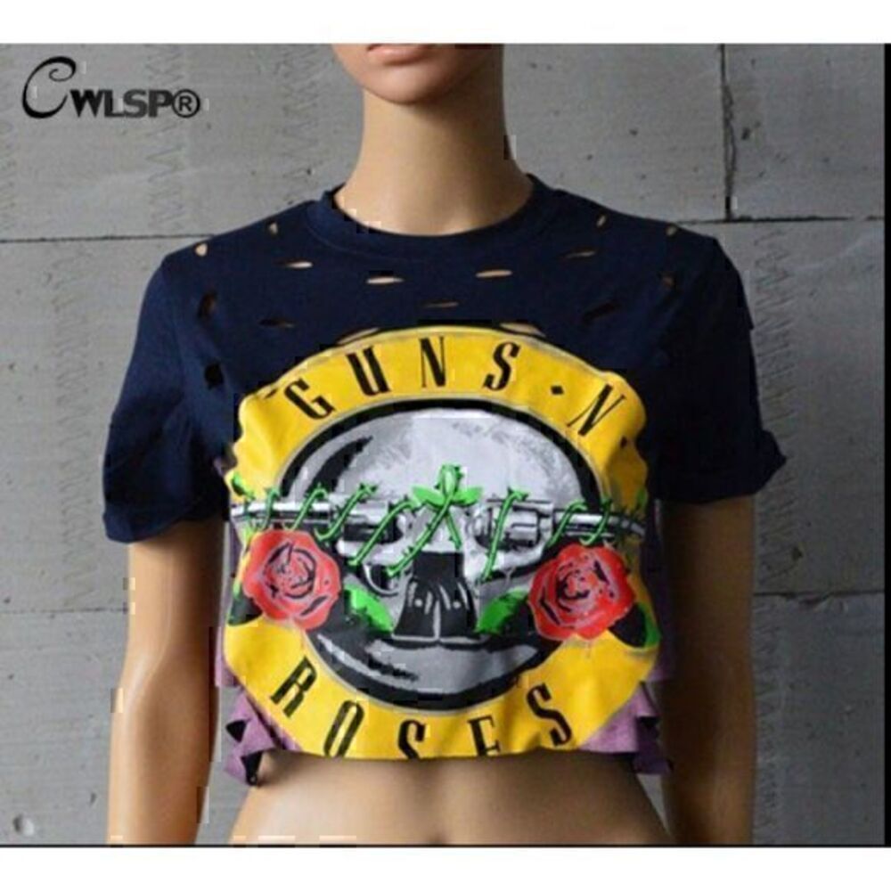 Distressed GUNS N ROSES Navy Blue Graphic Print Crop Top Short Sleeve XL
